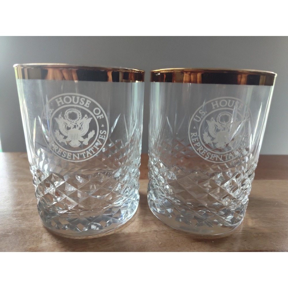 Set of 2 US House of Representatives Crystal Lowball Glasses Gold Rim Rocks Glas